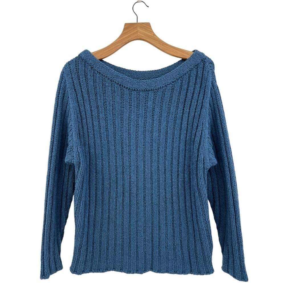 Mara Hoffman Off-the-Shoulder Ribbed Knit Sweater in Denim Blue